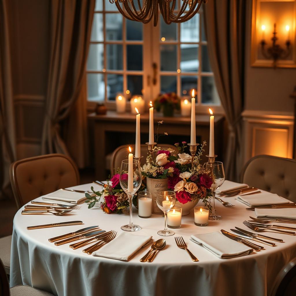 Intimate anniversary dinner with candles and florals