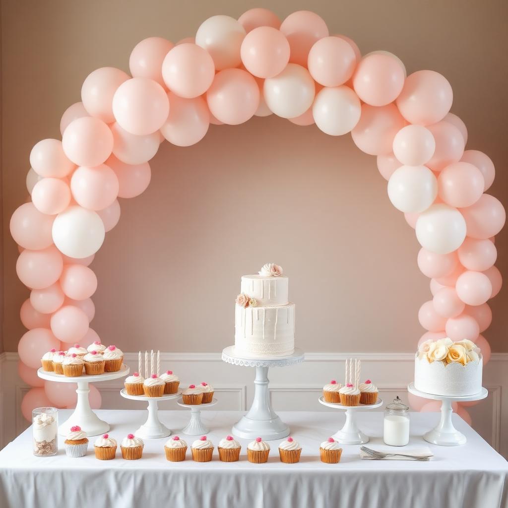 Baby shower dessert table with pastel balloon arch