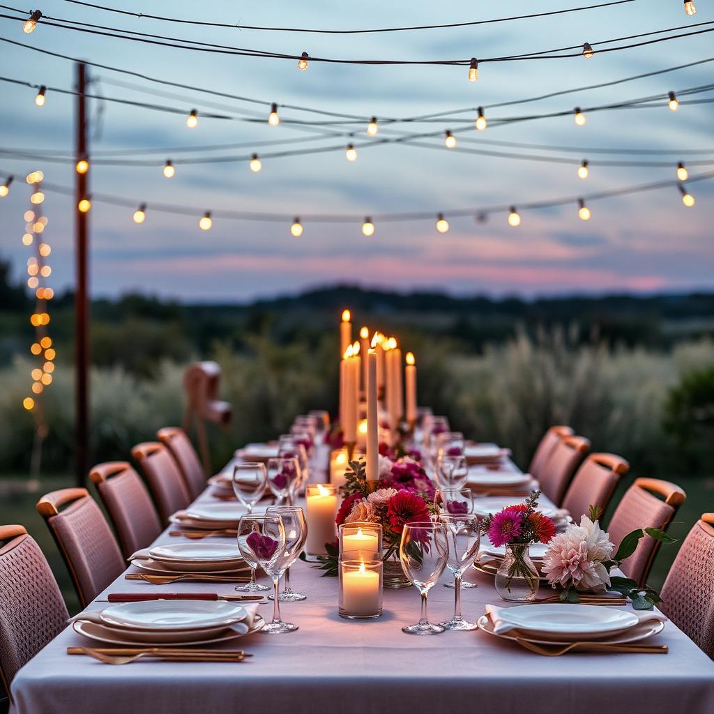 Milestone birthday dinner party under string lights at dusk