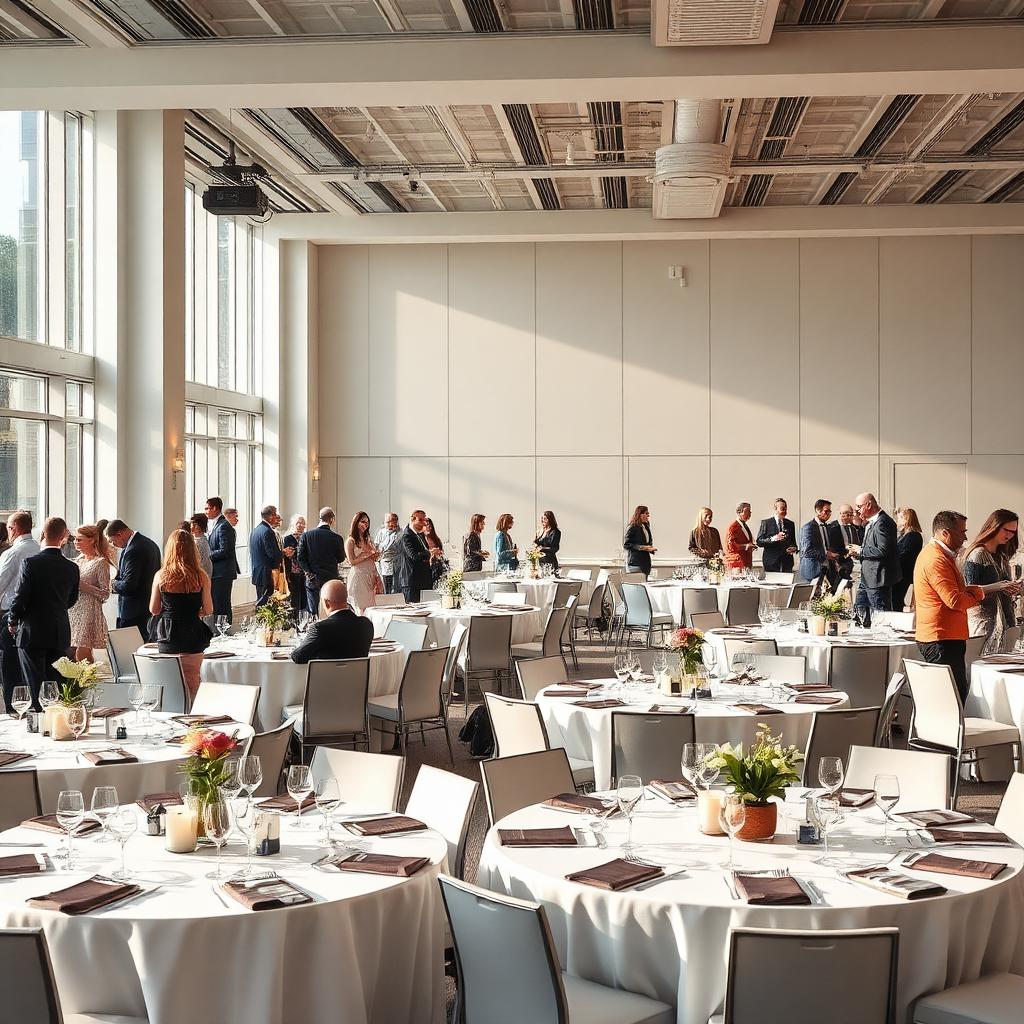Corporate reception with round tables and guests mingling