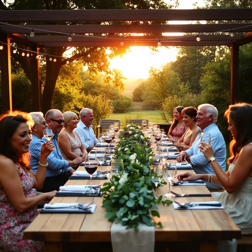 Garden celebration at golden hour with a long farm table