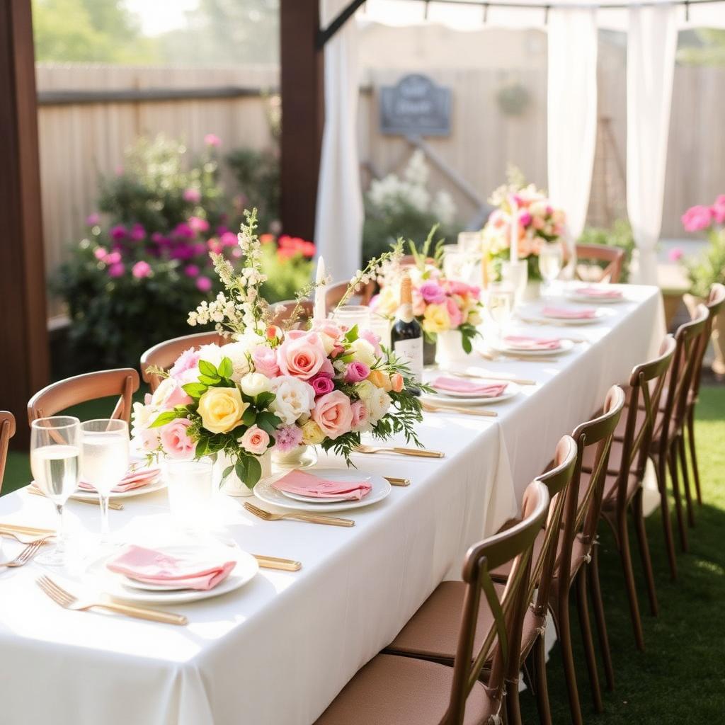 Bridal shower brunch tablescape with pastel florals and mimosa bar